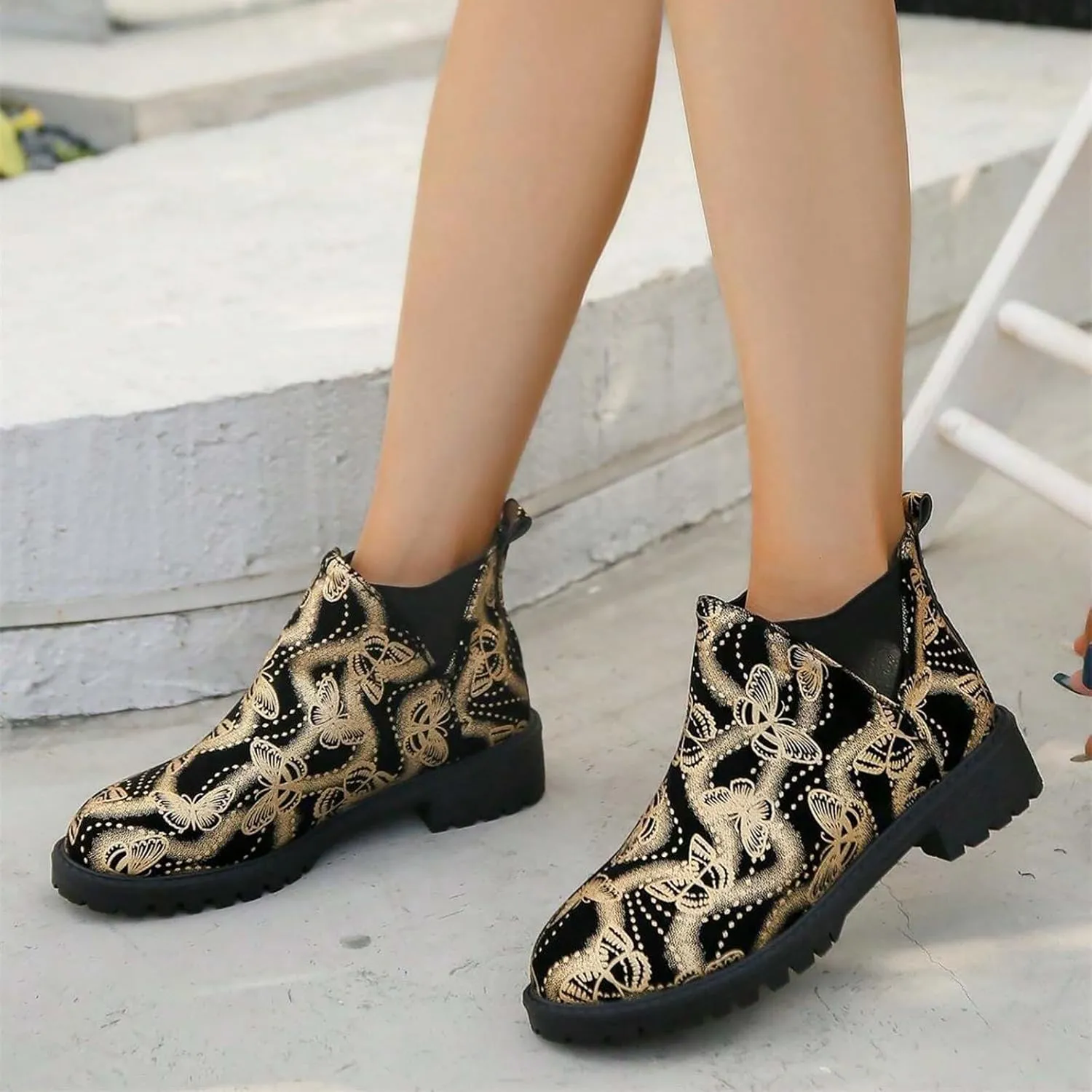 Boots for Women Retro Prints Low Heel Chelsea Ankle Boots Fashion Slip On Elastic Fall Booties Shoes
