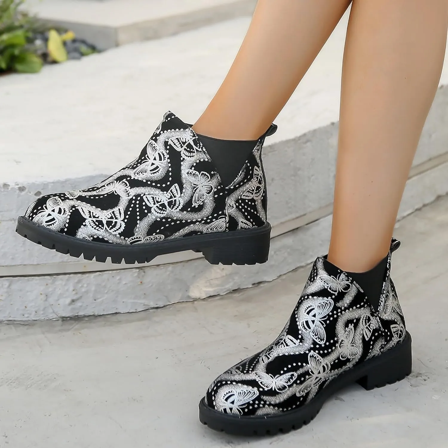 Boots for Women Retro Prints Low Heel Chelsea Ankle Boots Fashion Slip On Elastic Fall Booties Shoes