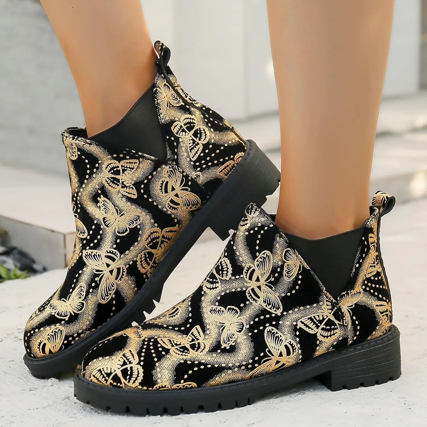 Boots for Women Retro Prints Low Heel Chelsea Ankle Boots Fashion Slip On Elastic Fall Booties Shoes