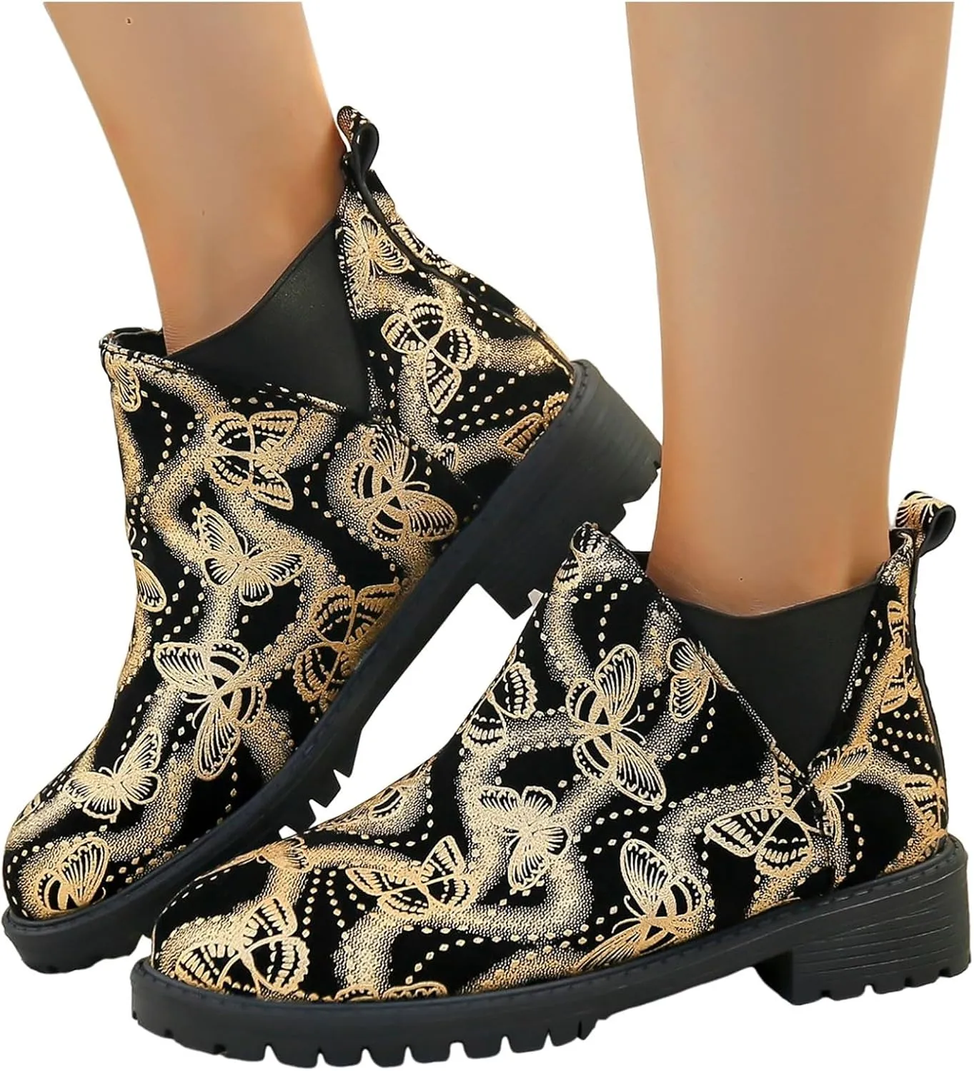Boots for Women Retro Prints Low Heel Chelsea Ankle Boots Fashion Slip On Elastic Fall Booties Shoes