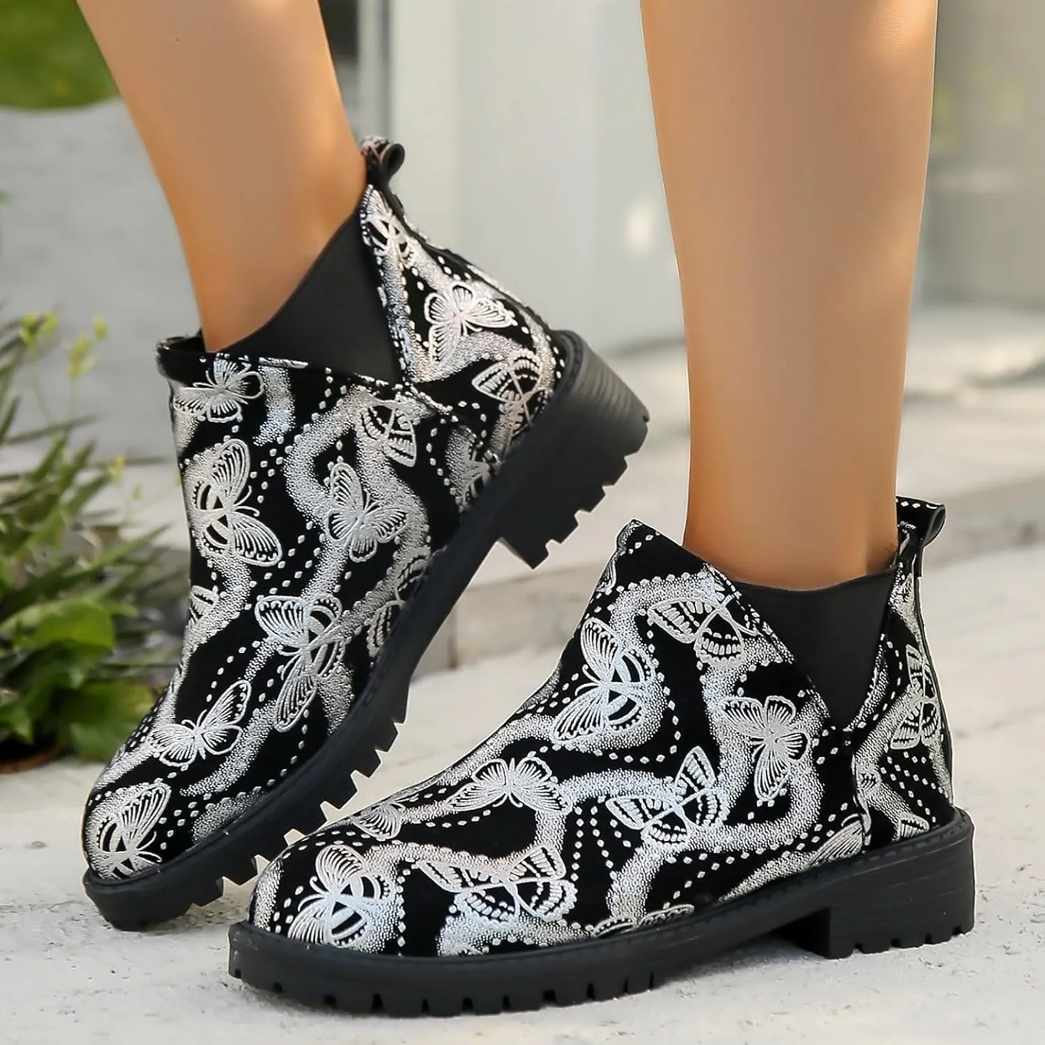 Boots for Women Retro Prints Low Heel Chelsea Ankle Boots Fashion Slip On Elastic Fall Booties Shoes