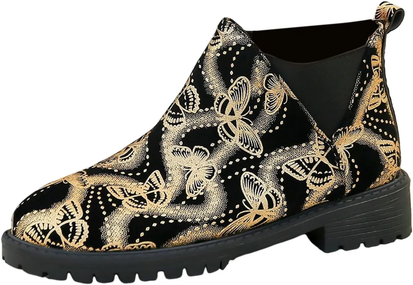Boots for Women Retro Prints Low Heel Chelsea Ankle Boots Fashion Slip On Elastic Fall Booties Shoes