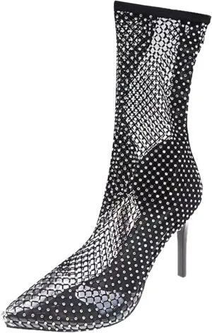 Boots For Women Rhinestone See Through Ankle Boots Fishnet Work Booties Winter And Autumn Short Boots