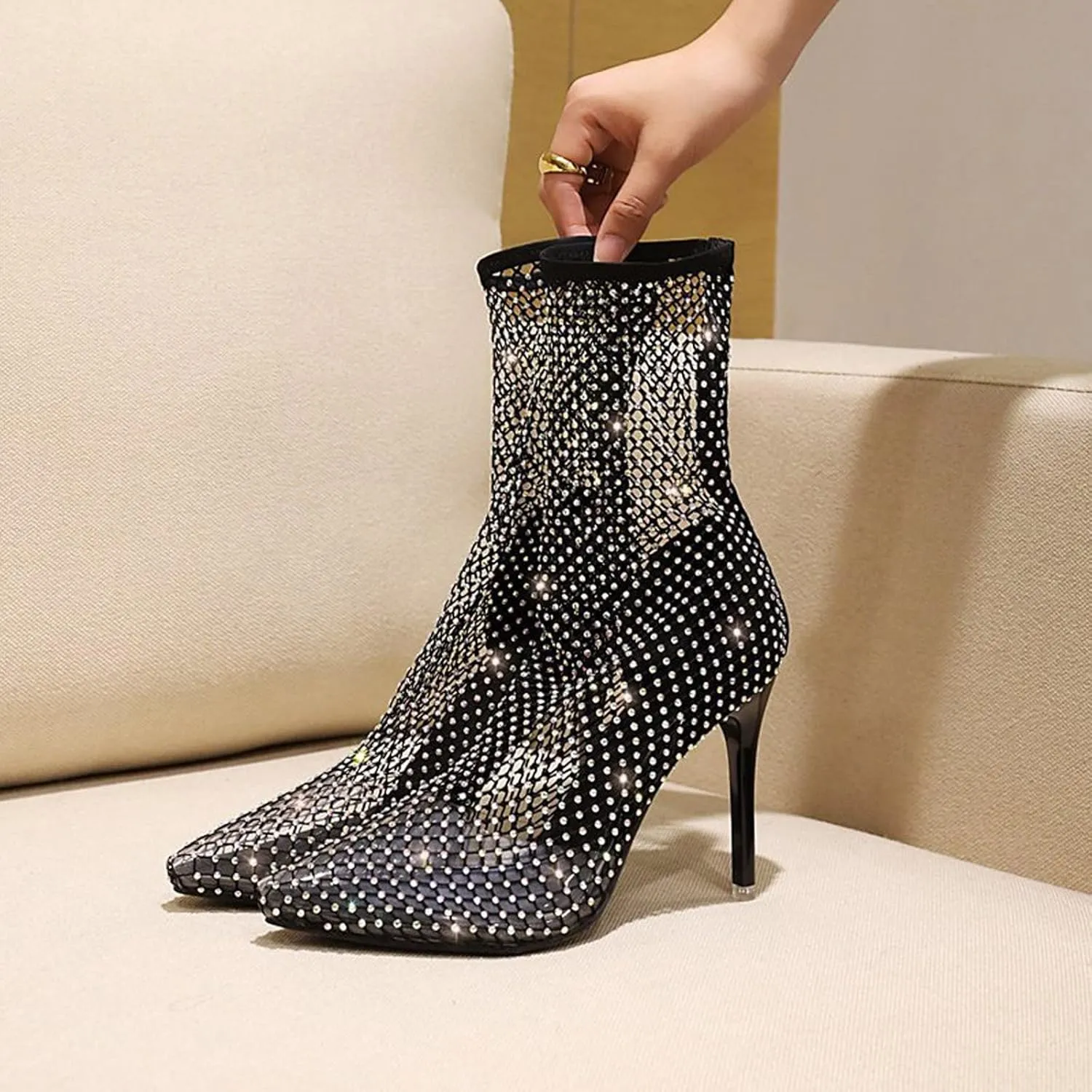 Boots For Women Rhinestone See Through Ankle Boots Fishnet Work Booties Winter And Autumn Short Boots