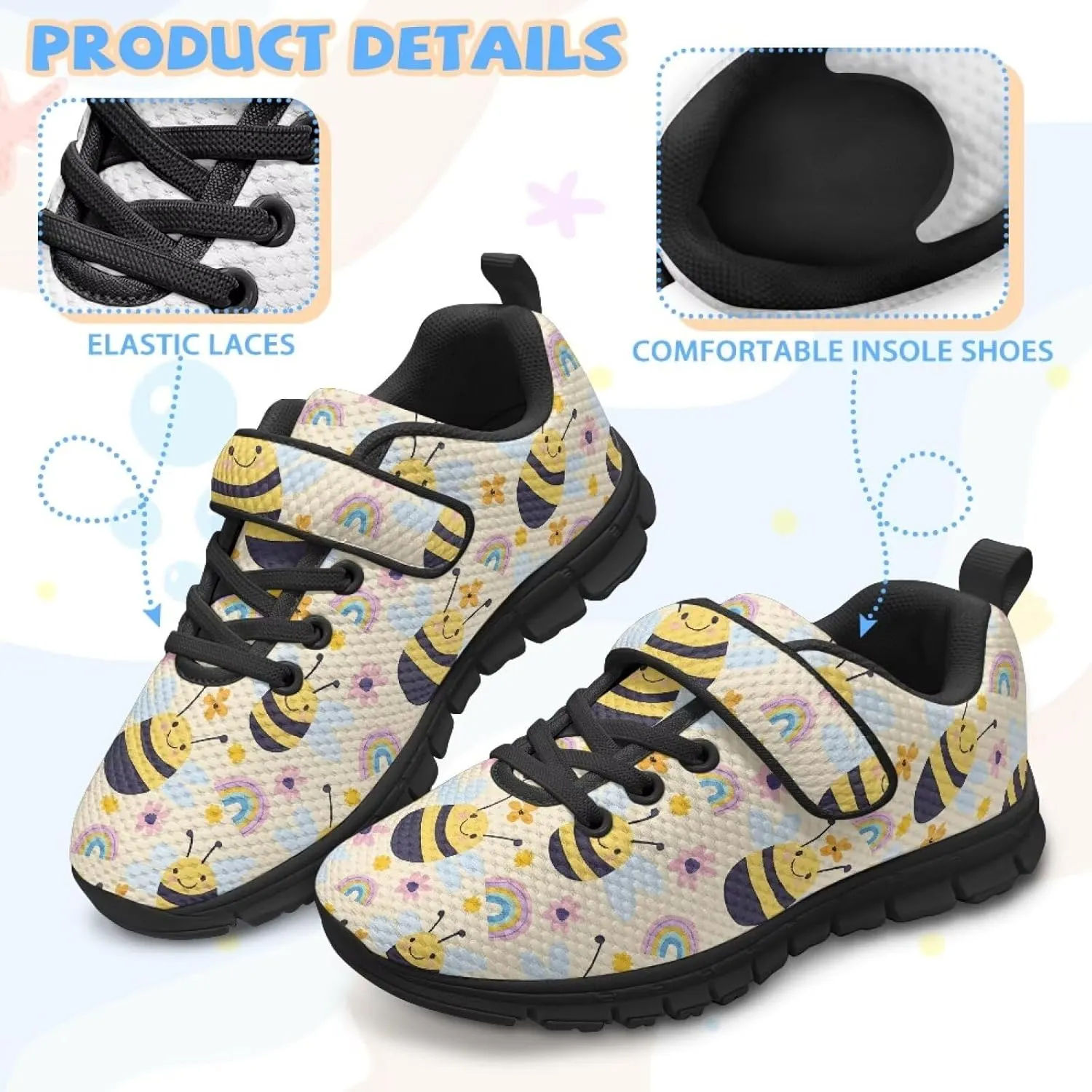 Boys Girls Sneakers Kids Mesh Shoes Unisex Lightweight Breathable Athletic Running Tennis Fitness Shoes Single Buckle for Toddler/Little Kid/Big Kid Black Sole