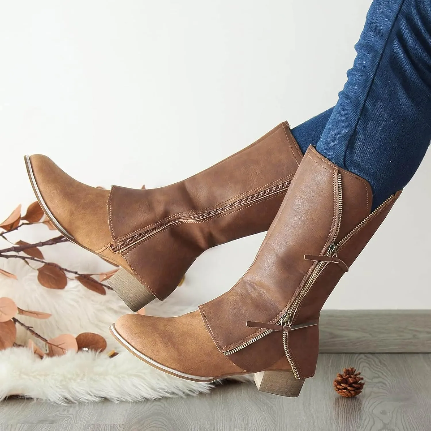 Cathalem Mid Calf Boots for Women, Cowboy Boots for Women Western Boots Cowgirl Boots Pull On Pointy Toe Mid Calf Boots