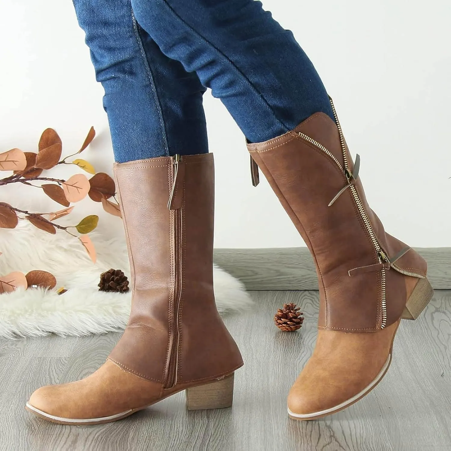 Cathalem Mid Calf Boots for Women, Cowboy Boots for Women Western Boots Cowgirl Boots Pull On Pointy Toe Mid Calf Boots