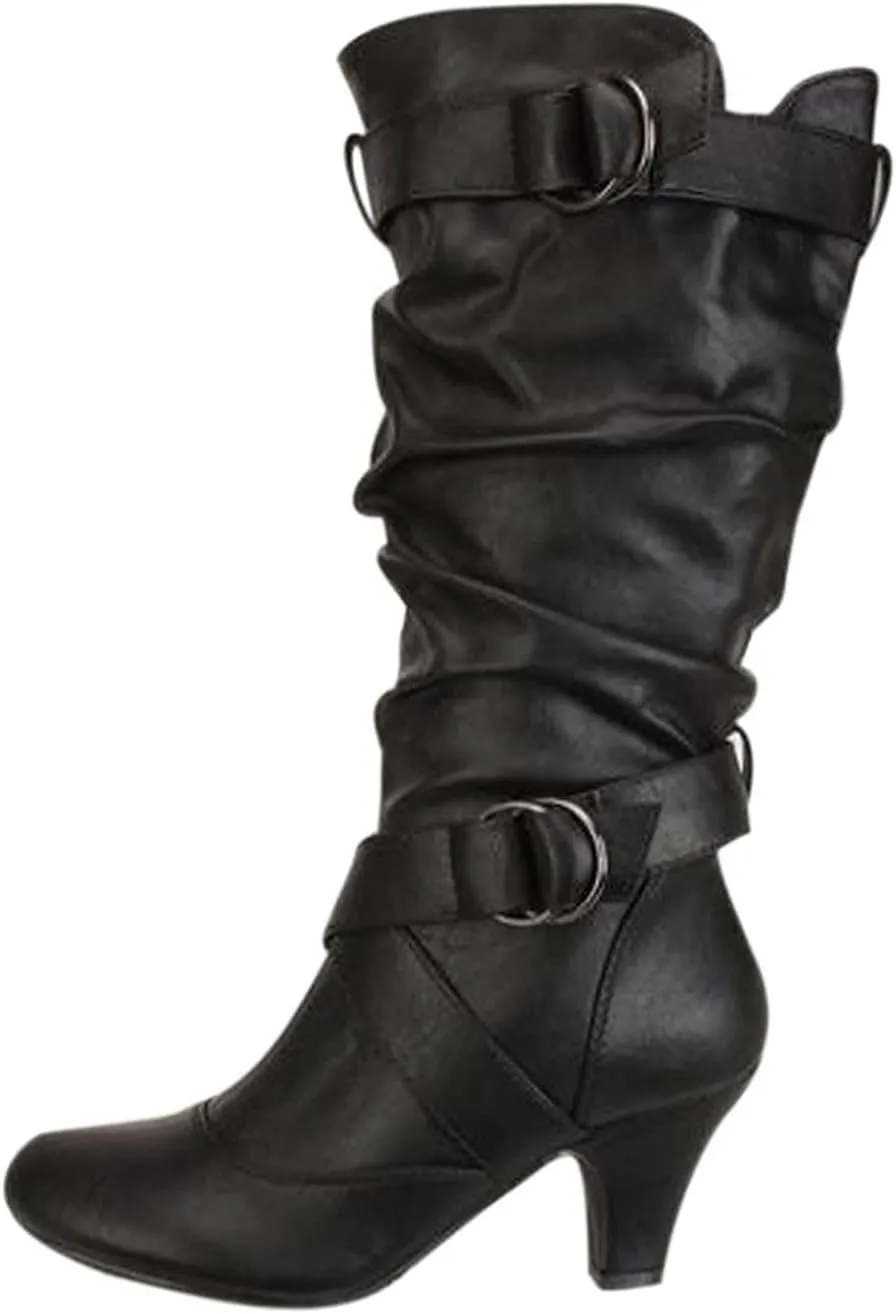 Cathalem Mid Calf Boots for Women Mid Calf Boots High Heel Leather Booties Pointed Toe Pull on Fall Winter Shoes