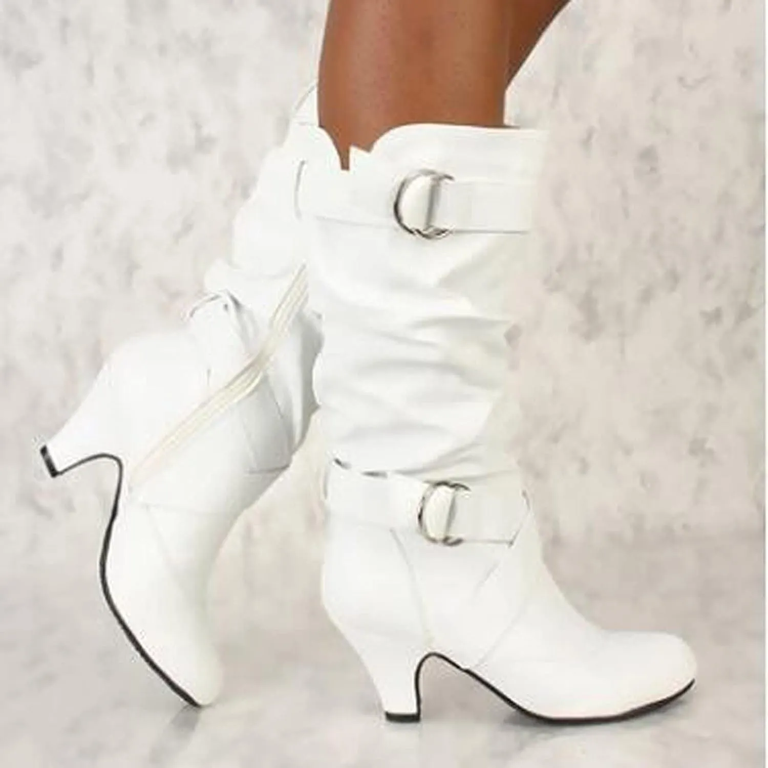 Cathalem Mid Calf Boots for Women Mid Calf Boots High Heel Leather Booties Pointed Toe Pull on Fall Winter Shoes