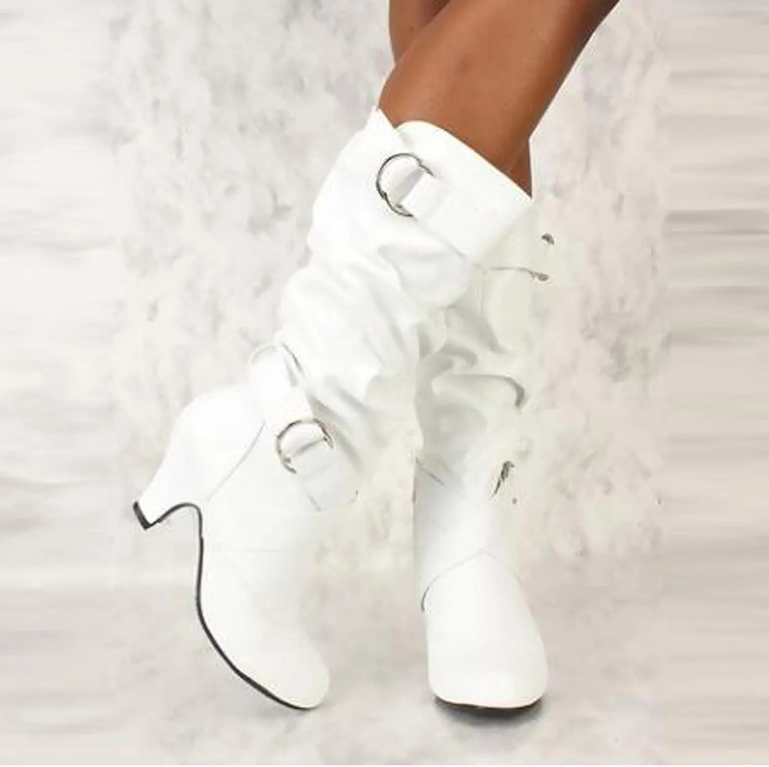 Cathalem Mid Calf Boots for Women Mid Calf Boots High Heel Leather Booties Pointed Toe Pull on Fall Winter Shoes