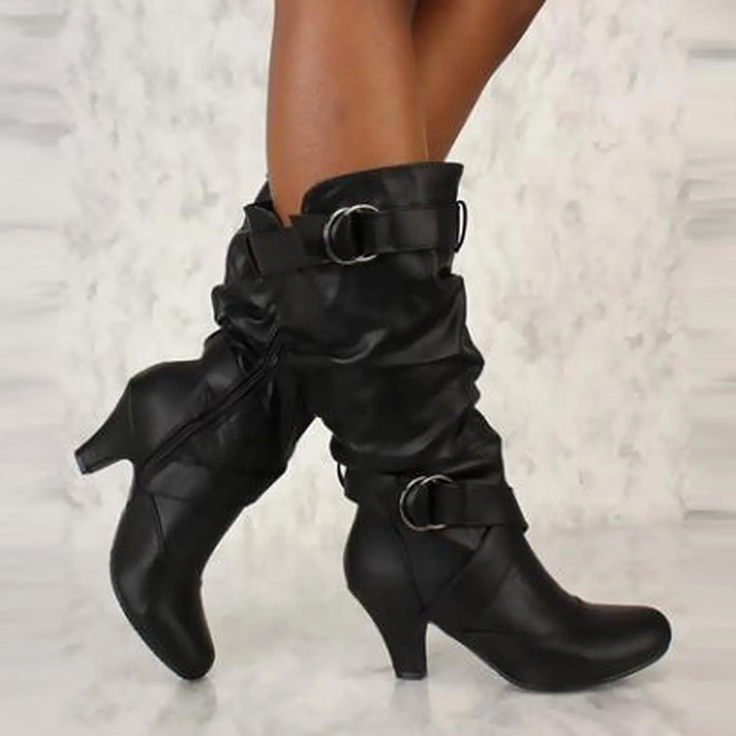 Cathalem Mid Calf Boots for Women Mid Calf Boots High Heel Leather Booties Pointed Toe Pull on Fall Winter Shoes