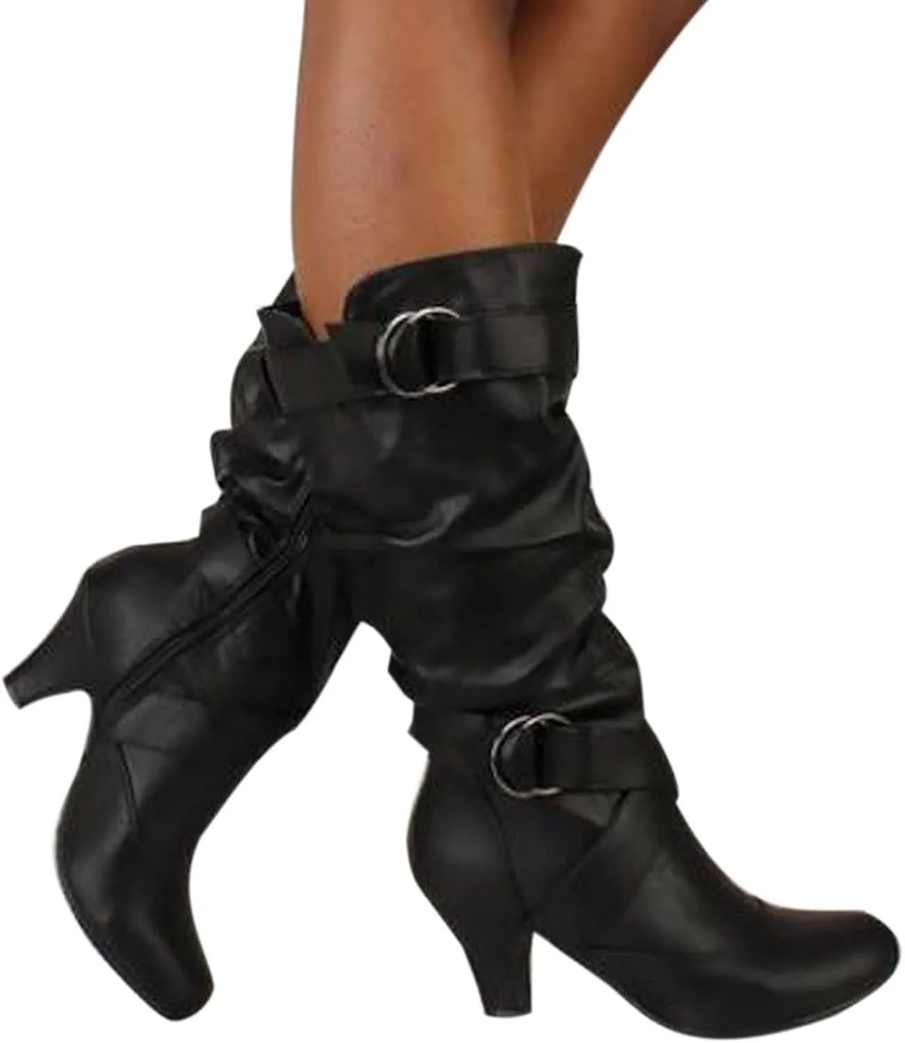Cathalem Mid Calf Boots for Women Mid Calf Boots High Heel Leather Booties Pointed Toe Pull on Fall Winter Shoes
