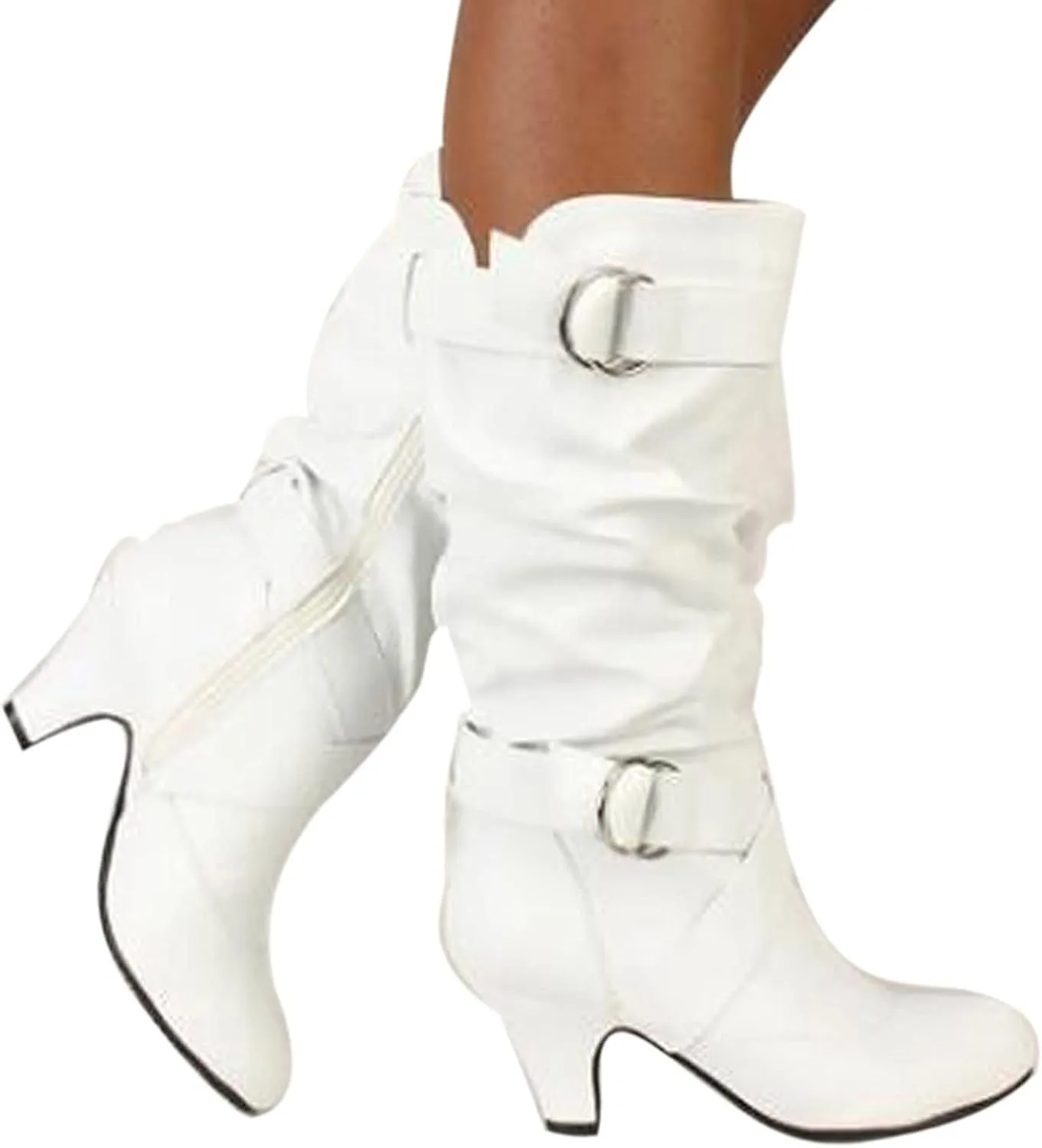Cathalem Mid Calf Boots for Women Mid Calf Boots High Heel Leather Booties Pointed Toe Pull on Fall Winter Shoes