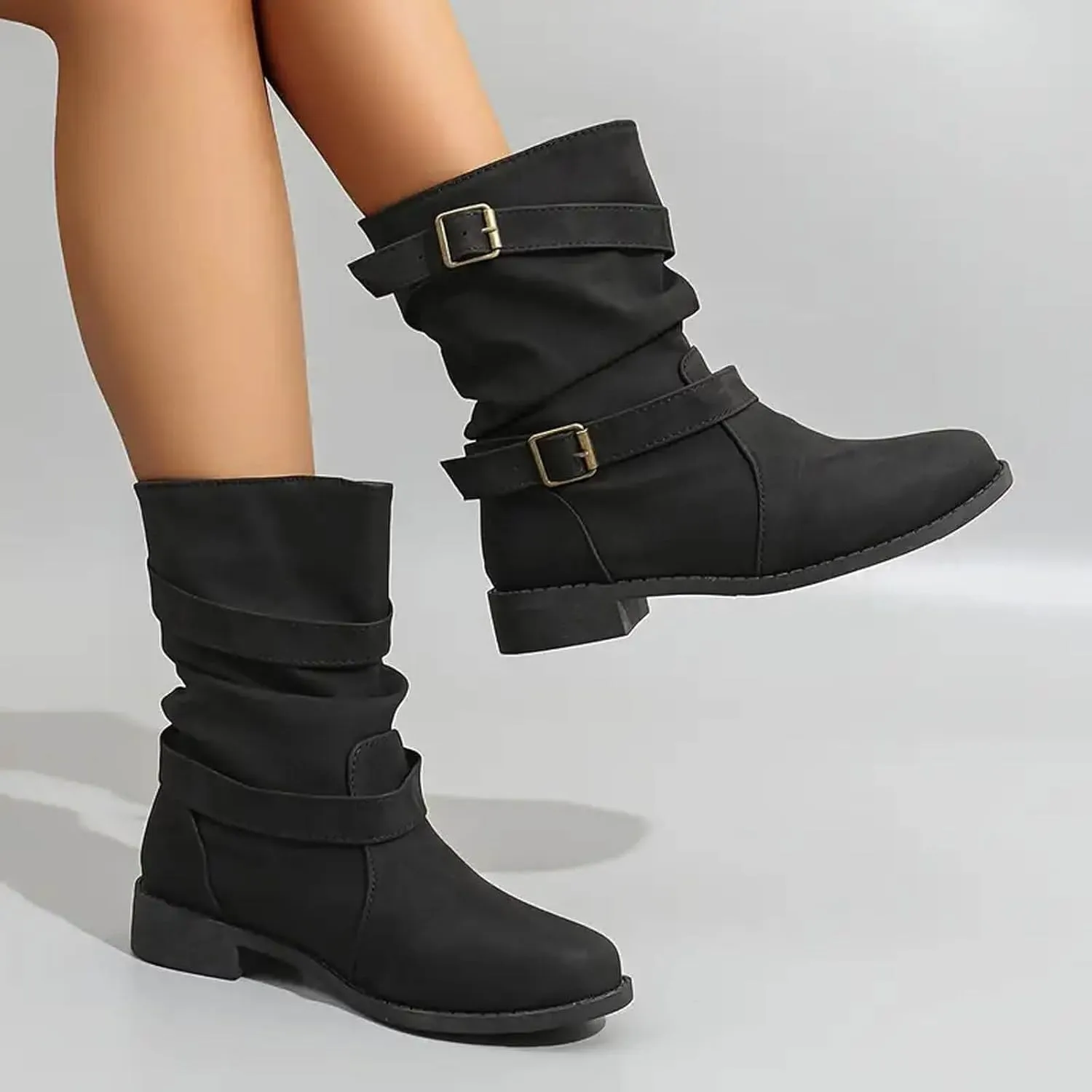 Cathalem Mid Calf Boots for Women Round Toe Low Heel Comfort Booties Buckle Strap Motorcycle Boots Women Riding Boots