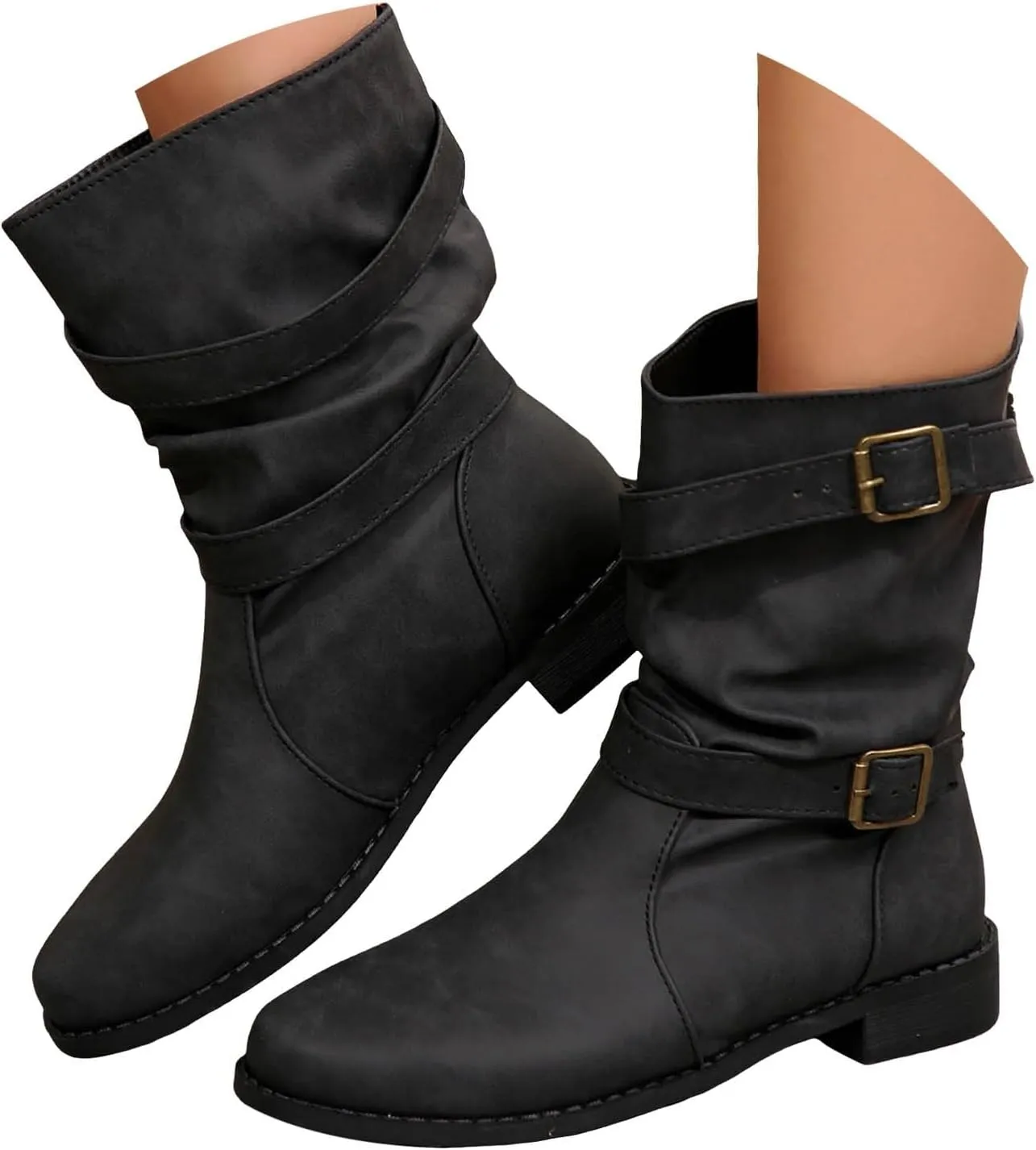 Cathalem Mid Calf Boots for Women Round Toe Low Heel Comfort Booties Buckle Strap Motorcycle Boots Women Riding Boots