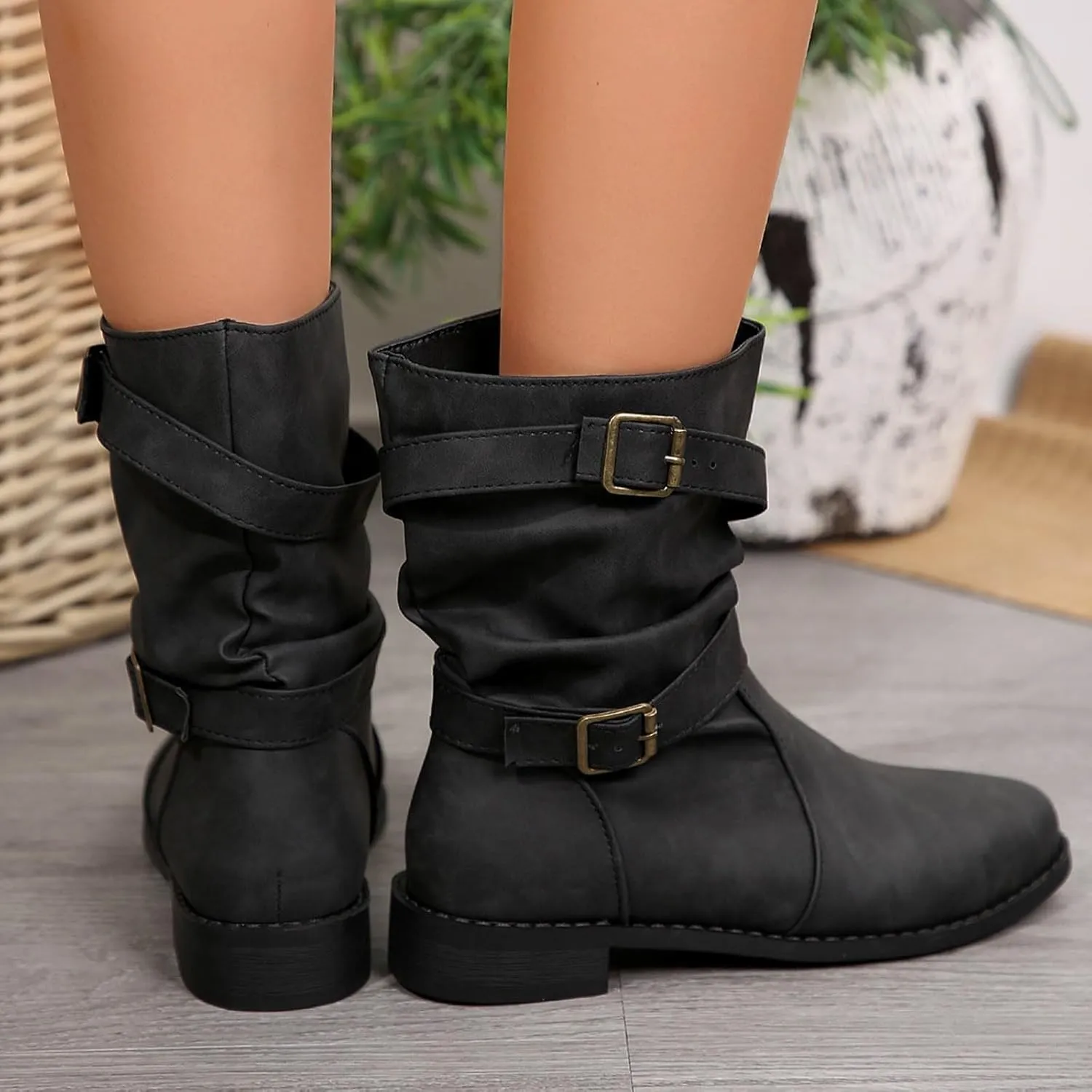 Cathalem Mid Calf Boots for Women Round Toe Low Heel Comfort Booties Buckle Strap Motorcycle Boots Women Riding Boots
