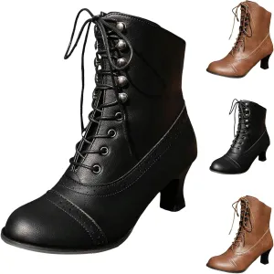 Cathalem Women's Ankle Boots Victorian Boots Mid Calf Boots Pointed Toe Goth Boots Chunky Low Heel Lace Up Witch Knight Boots