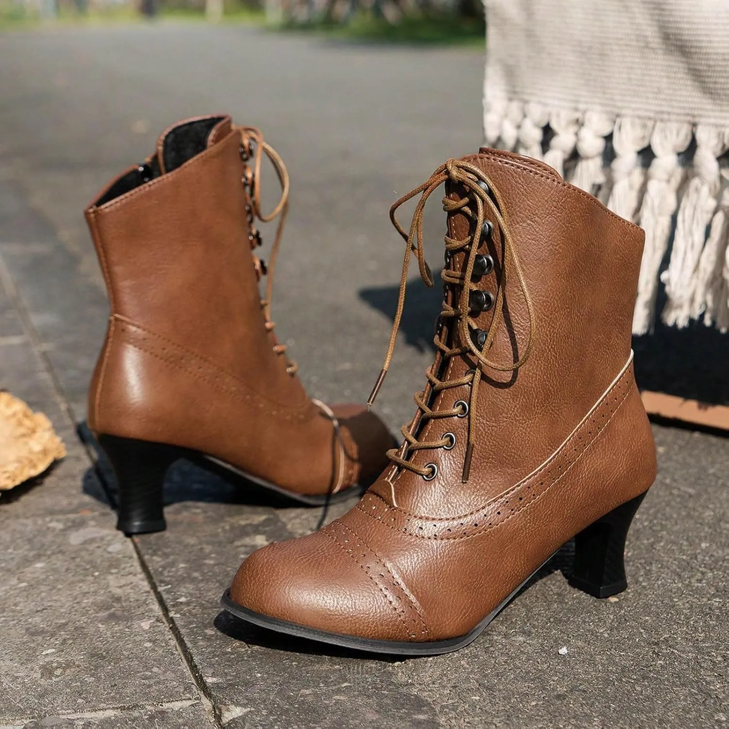 Cathalem Women's Ankle Boots Victorian Boots Mid Calf Boots Pointed Toe Goth Boots Chunky Low Heel Lace Up Witch Knight Boots