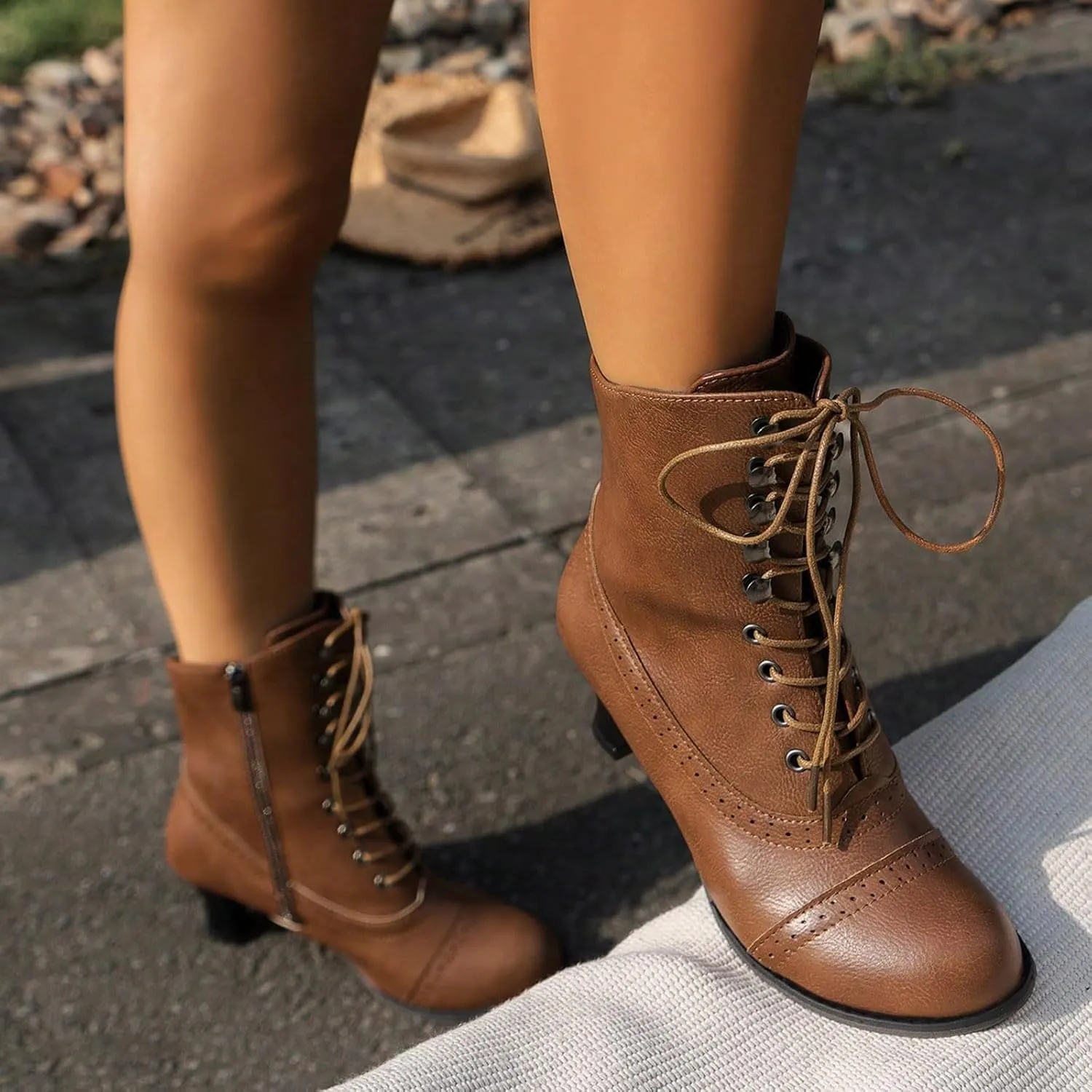 Cathalem Women's Ankle Boots Victorian Boots Mid Calf Boots Pointed Toe Goth Boots Chunky Low Heel Lace Up Witch Knight Boots