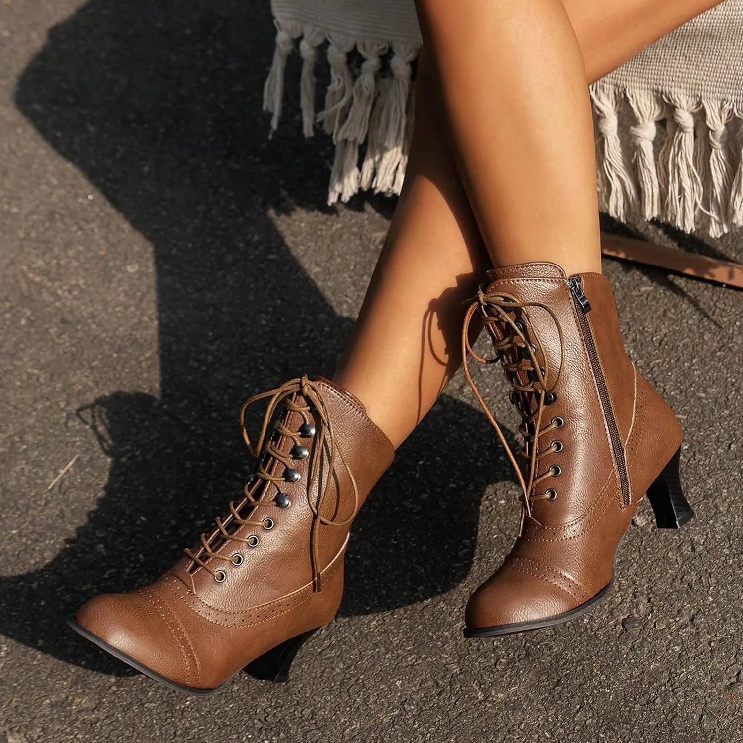 Cathalem Women's Ankle Boots Victorian Boots Mid Calf Boots Pointed Toe Goth Boots Chunky Low Heel Lace Up Witch Knight Boots