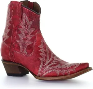 Circle G LADIE'S RED EMBROIDERY & ZIPPER ANKLE BOOT, SNIP TOE, LEATHER SOLE, URBAN, L5704