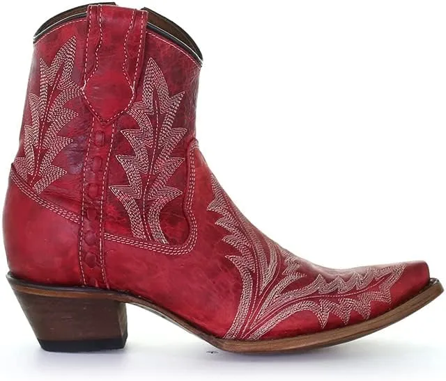 Circle G LADIE'S RED EMBROIDERY & ZIPPER ANKLE BOOT, SNIP TOE, LEATHER SOLE, URBAN, L5704