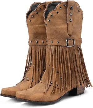 Cowboy Boots For Women Tassel Western Cowboy Boots Suede Buckle Chunky Heel Cowgirl Mid-Calf Slip On Booties