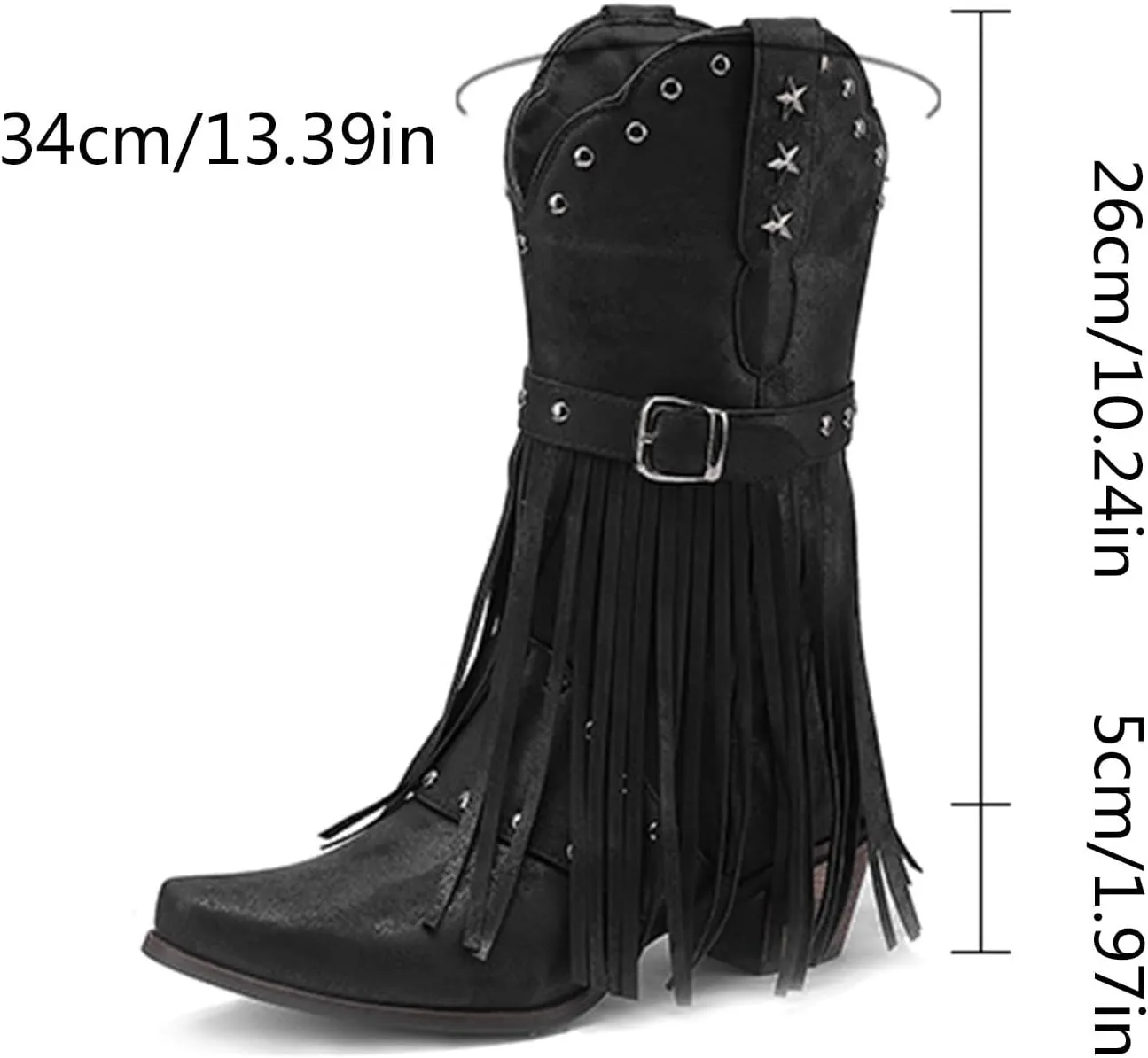 Cowboy Boots For Women Tassel Western Cowboy Boots Suede Buckle Chunky Heel Cowgirl Mid-Calf Slip On Booties