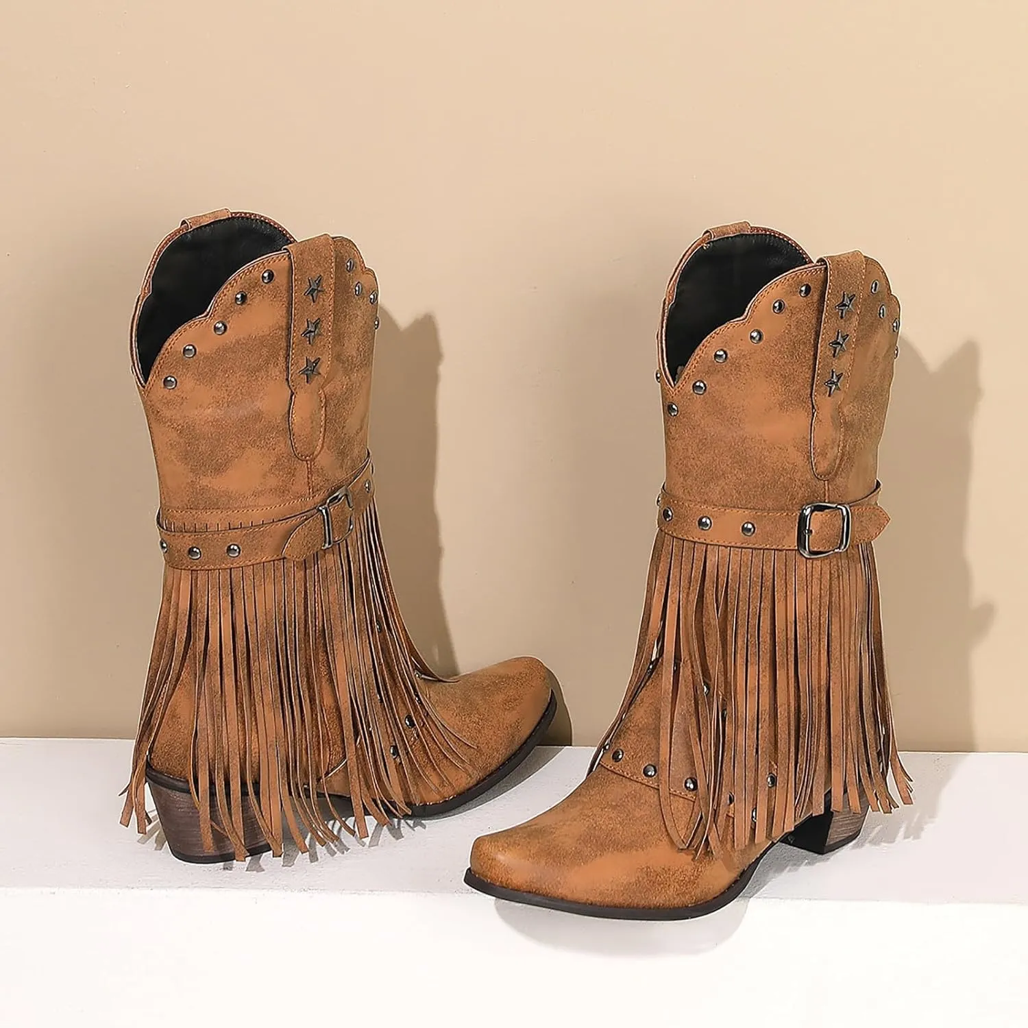 Cowboy Boots For Women Tassel Western Cowboy Boots Suede Buckle Chunky Heel Cowgirl Mid-Calf Slip On Booties