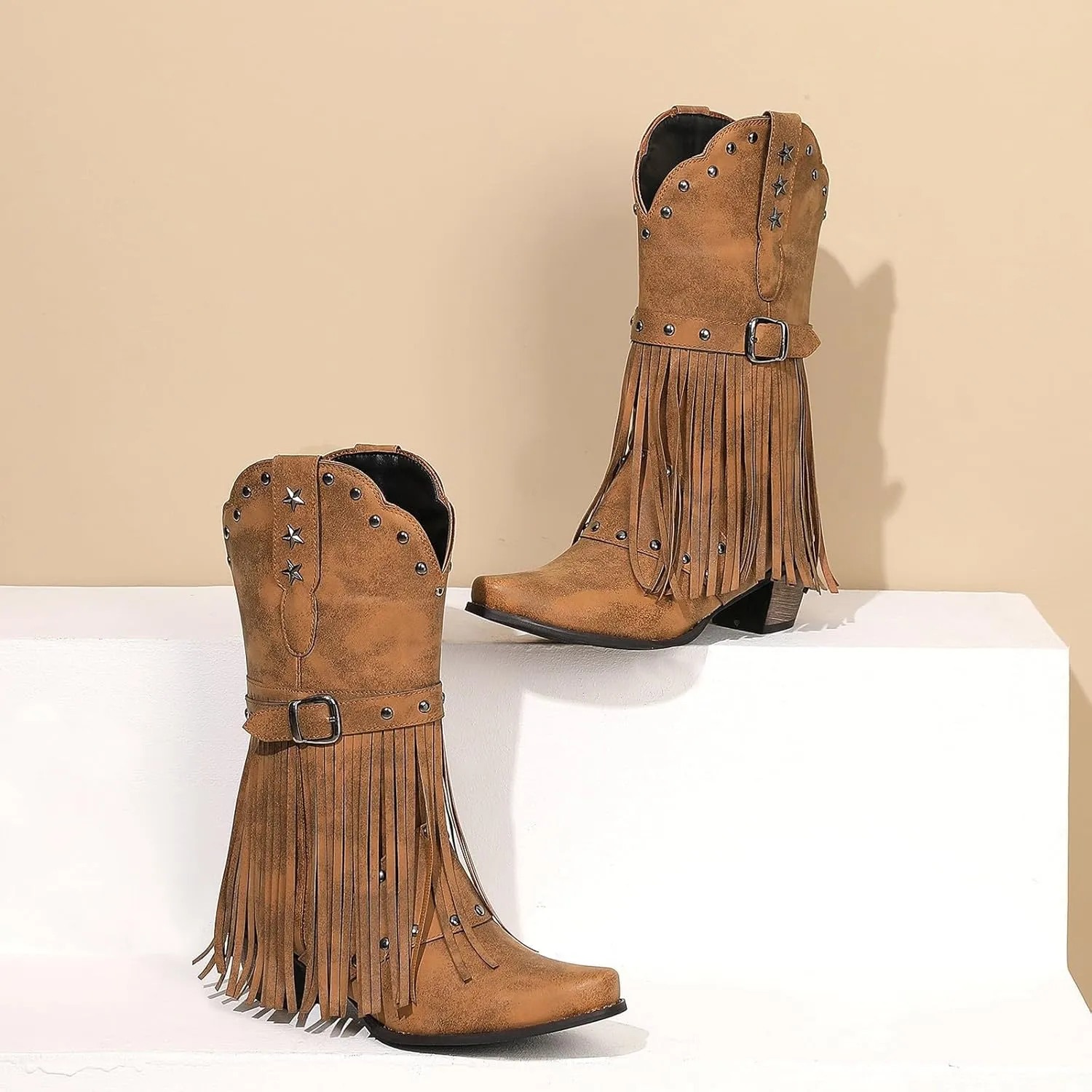 Cowboy Boots For Women Tassel Western Cowboy Boots Suede Buckle Chunky Heel Cowgirl Mid-Calf Slip On Booties