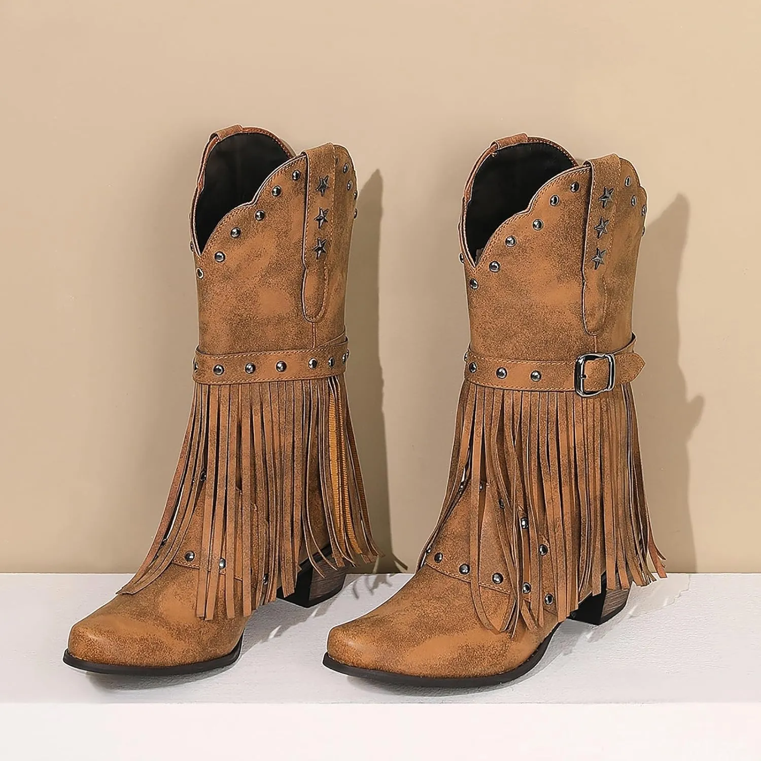 Cowboy Boots For Women Tassel Western Cowboy Boots Suede Buckle Chunky Heel Cowgirl Mid-Calf Slip On Booties