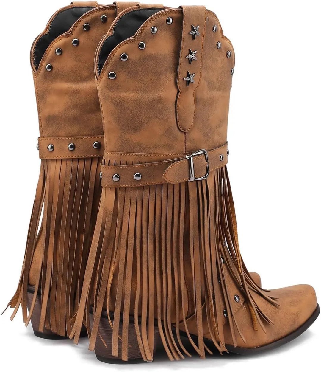 Cowboy Boots For Women Tassel Western Cowboy Boots Suede Buckle Chunky Heel Cowgirl Mid-Calf Slip On Booties