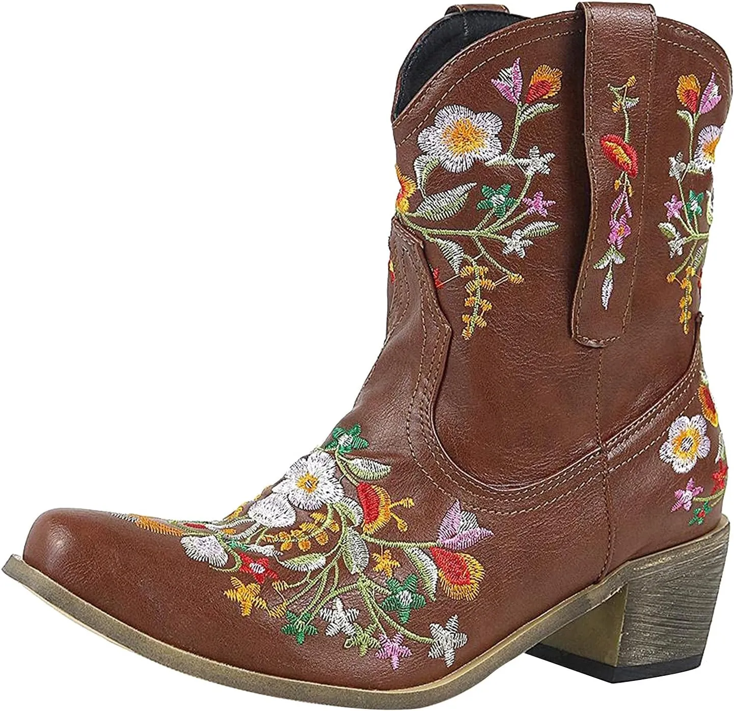 Cowboy Boots for Women Wide Calf Cowgirl Boots Low Heel Boots Retro Chunky Heels Embroidered Pointed Toe Cowboy Boots