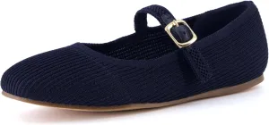 CUSHIONAIRE Women's Petal Mary Jane Knit Flat  Stretchy Textured Fabric, Adjustable Strap, Memory Foam, Available in Wide Widths, Comfortable & Lightweight