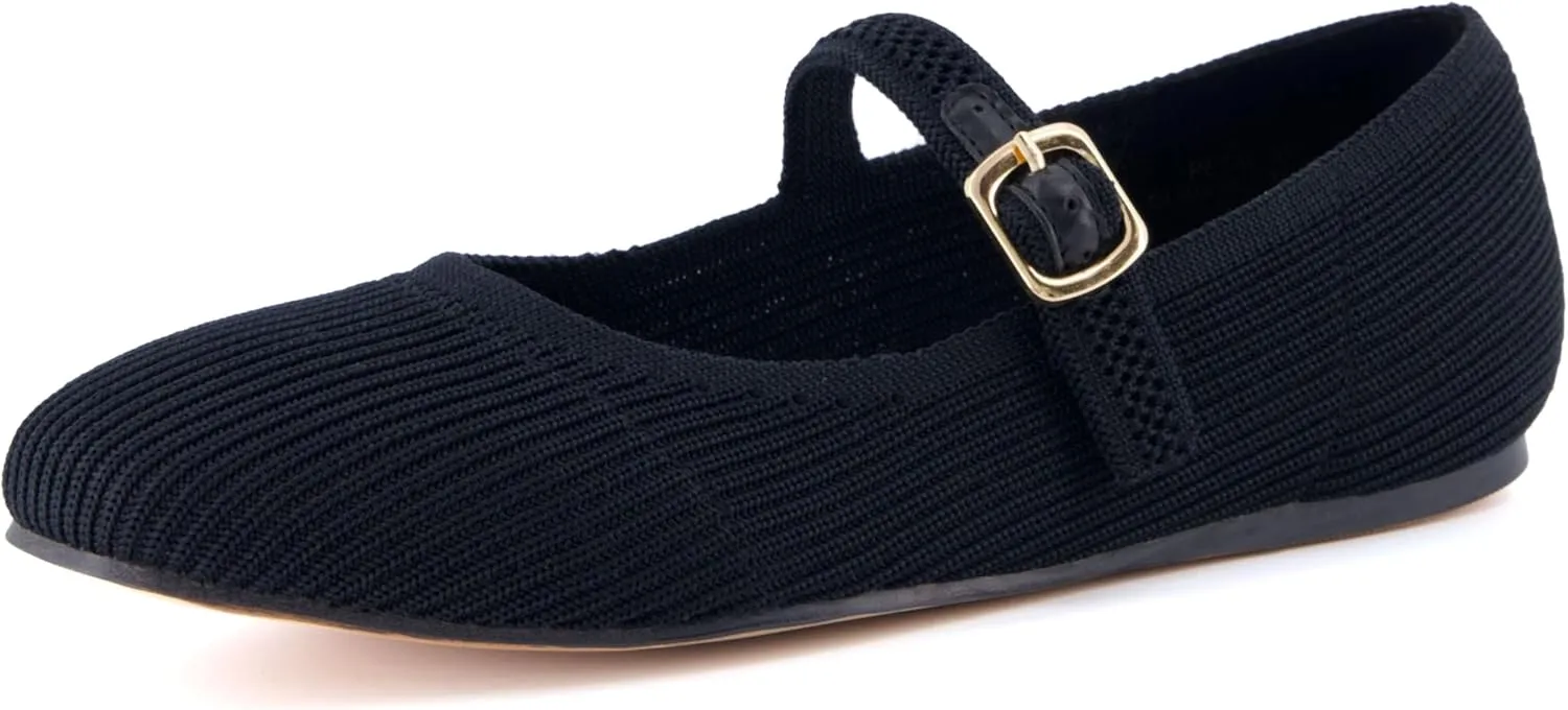 CUSHIONAIRE Women's Petal Mary Jane Knit Flat  Stretchy Textured Fabric, Adjustable Strap, Memory Foam, Available in Wide Widths, Comfortable & Lightweight