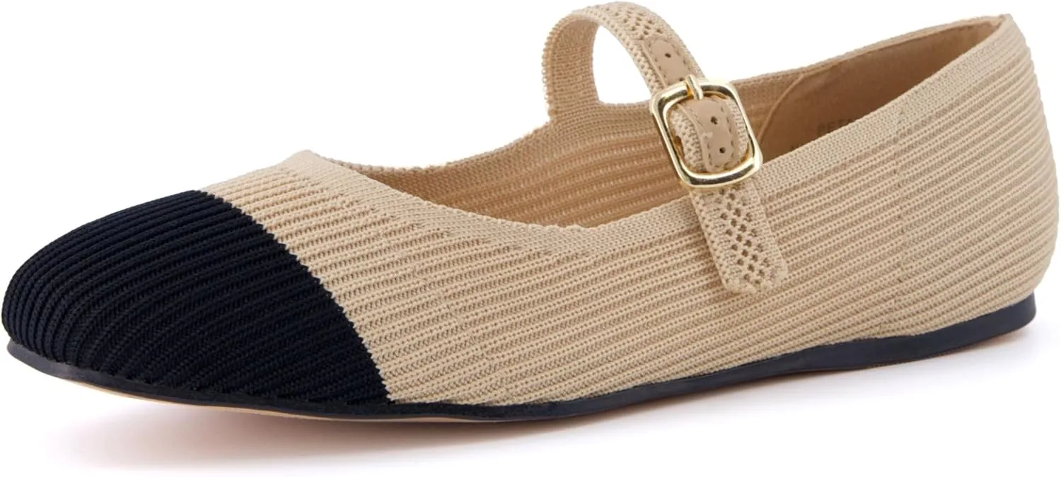CUSHIONAIRE Women's Petal Mary Jane Knit Flat  Stretchy Textured Fabric, Adjustable Strap, Memory Foam, Available in Wide Widths, Comfortable & Lightweight