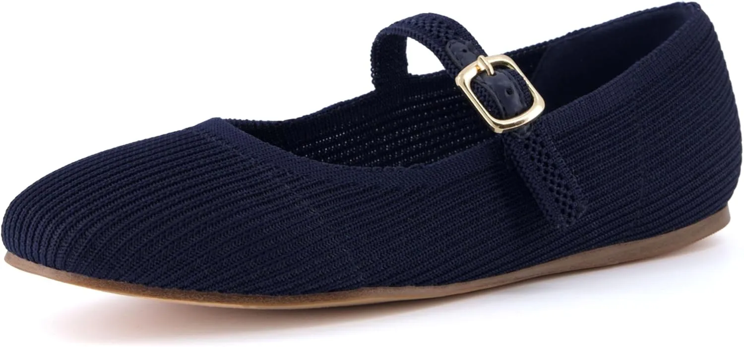 CUSHIONAIRE Women's Petal Mary Jane Knit Flat  Stretchy Textured Fabric, Adjustable Strap, Memory Foam, Available in Wide Widths, Comfortable & Lightweight