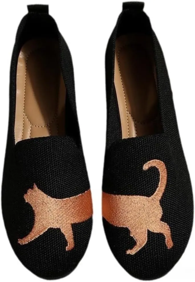 Cute Loafers for Woman Dressy Women Girls with Cute Fashion Kitten Decorated Low Top Round Toe Shoes - Orthopedic Casual Comfortable Walking Lightweight Slip on Female Solid All-Match Everyday Wear