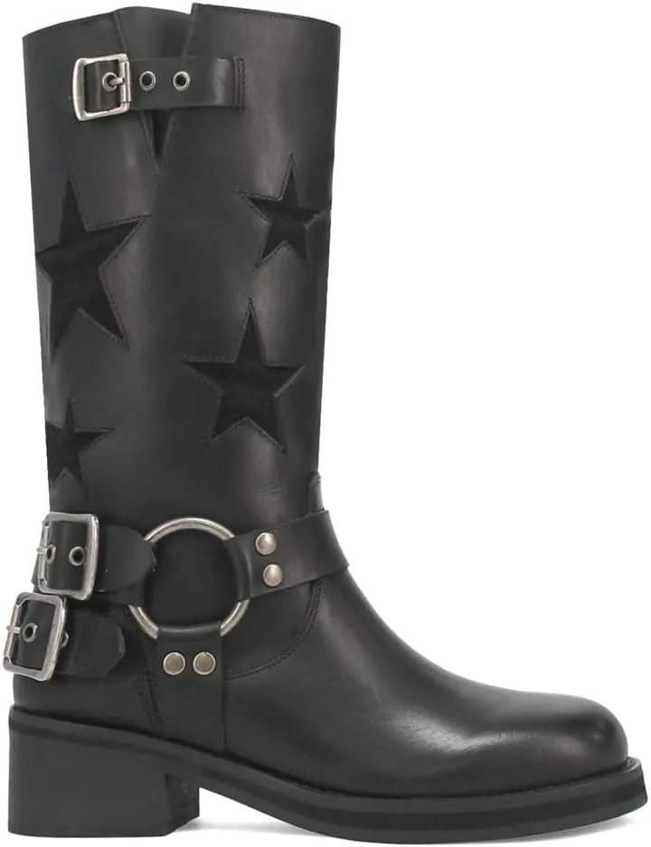 Dingo Womens Blacklist Tooled Inlay Round Toe Pull On Motorcycle Casual Boots Mid Calf Mid Heel 2-3" - Black
