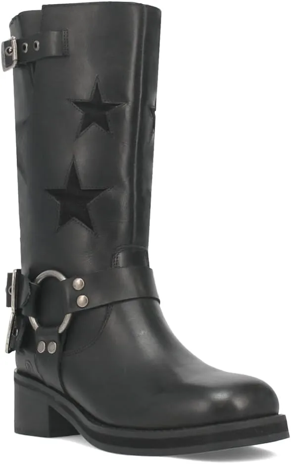 Dingo Womens Blacklist Tooled Inlay Round Toe Pull On Motorcycle Casual Boots Mid Calf Mid Heel 2-3" - Black