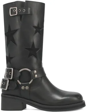 Dingo Womens Blacklist Tooled Inlay Round Toe Pull On Motorcycle Casual Boots Mid Calf Mid Heel 2-3" - Black