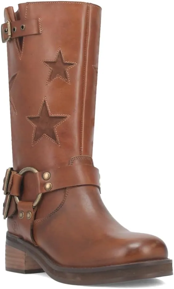 Dingo Womens Blacklist Tooled Inlay Round Toe Pull On Motorcycle Casual Boots Mid Calf Mid Heel 2-3" - Brown