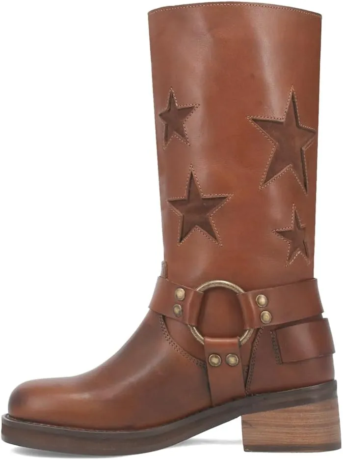 Dingo Womens Blacklist Tooled Inlay Round Toe Pull On Motorcycle Casual Boots Mid Calf Mid Heel 2-3" - Brown