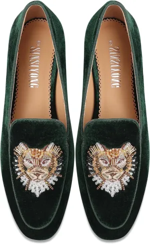 Embroidered Loafers for Women Round Toe Velvet Flats with Tiger Head Pattern