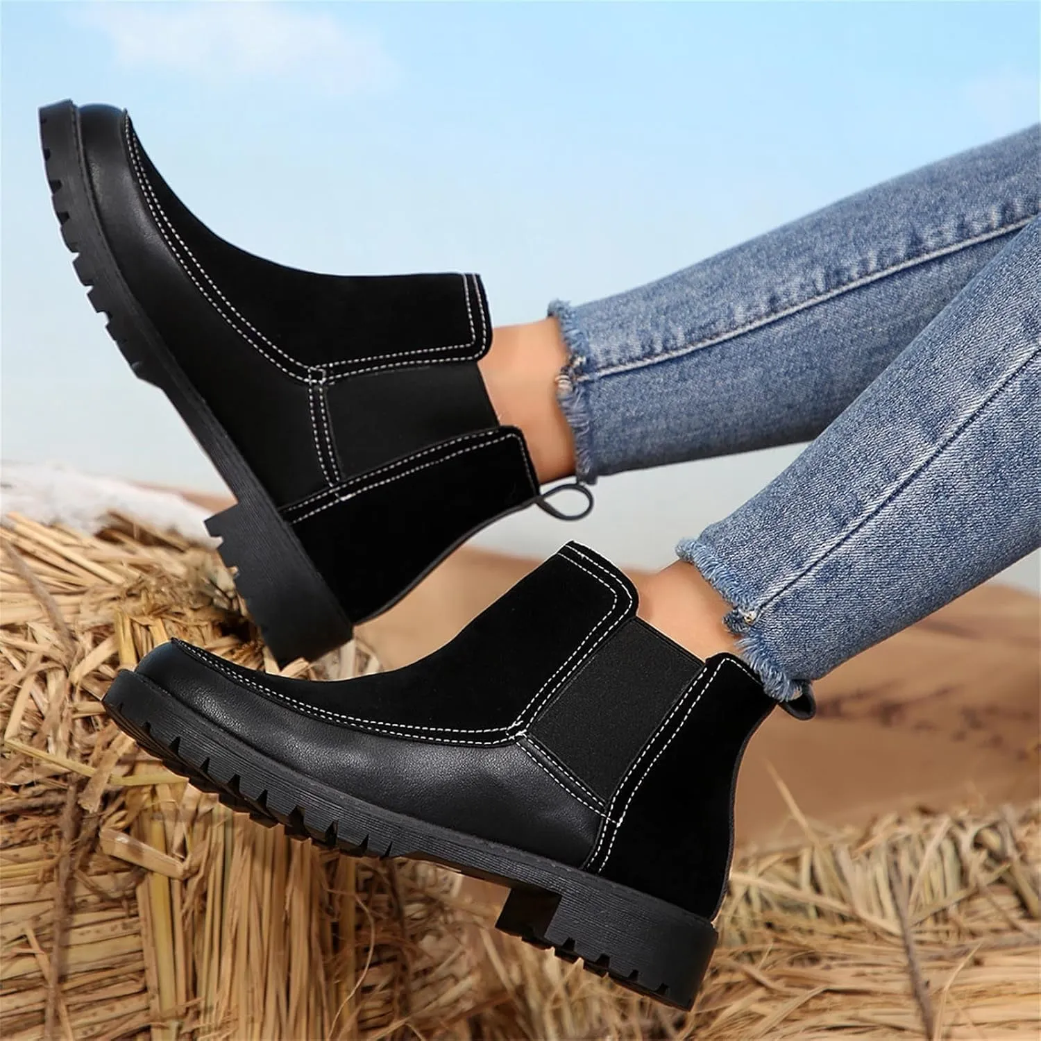 Fall Boots Womens Ankle Boot w/Lug Sole Elastic Chelsea Slip on Chunky Block Heel Round Toe Outdoor Walking Booties