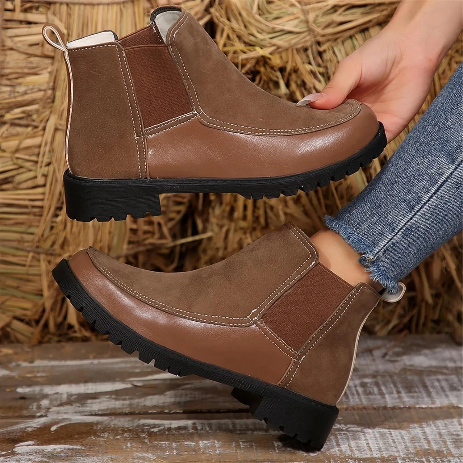Fall Boots Womens Ankle Boot w/Lug Sole Elastic Chelsea Slip on Chunky Block Heel Round Toe Outdoor Walking Booties