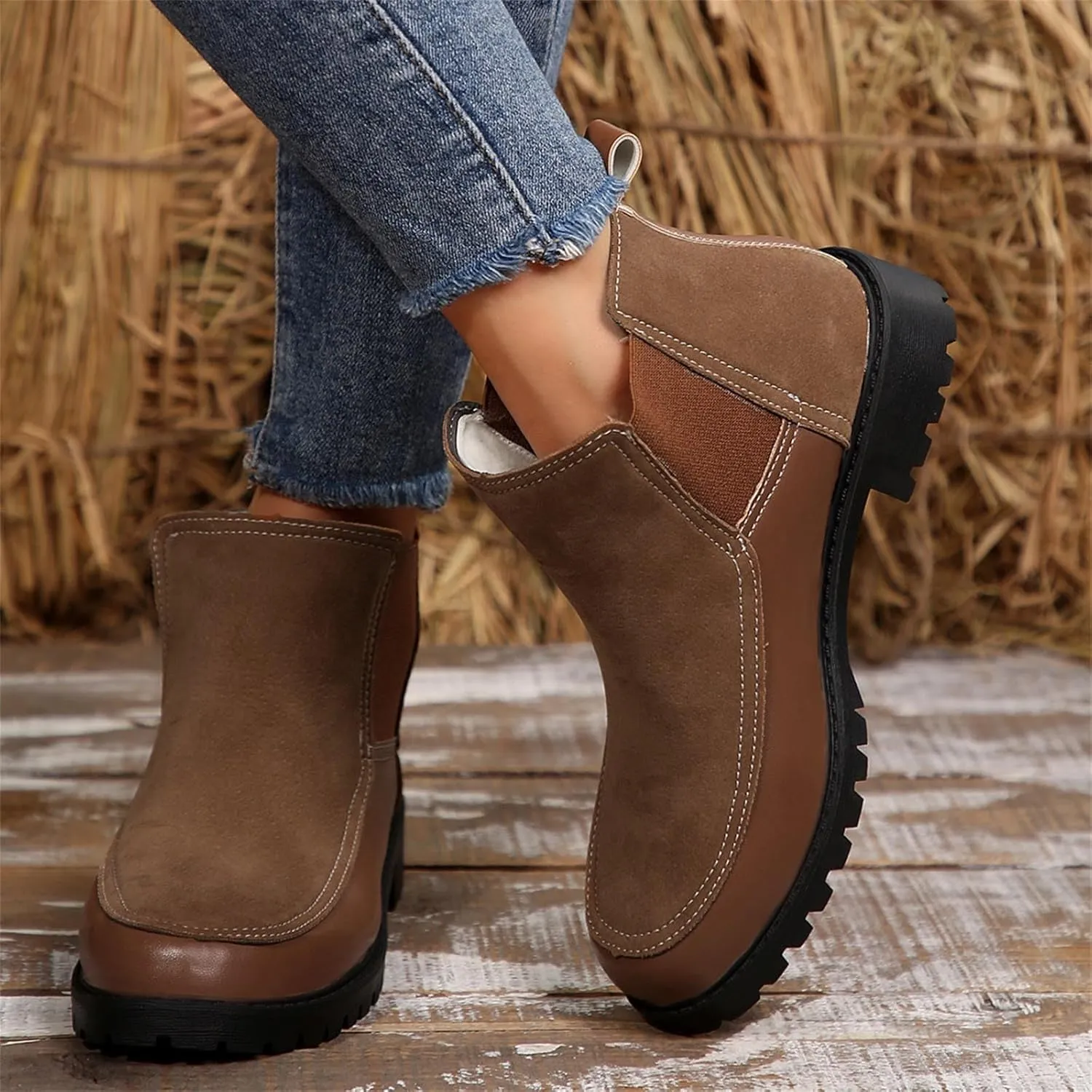 Fall Boots Womens Ankle Boot w/Lug Sole Elastic Chelsea Slip on Chunky Block Heel Round Toe Outdoor Walking Booties