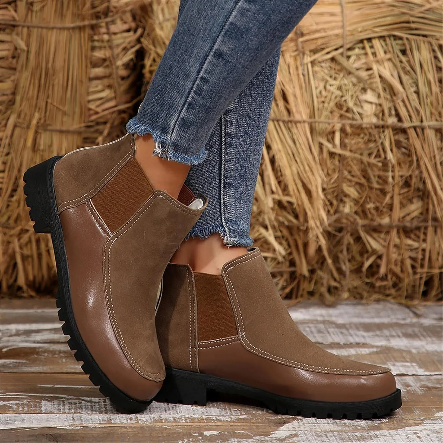 Fall Boots Womens Ankle Boot w/Lug Sole Elastic Chelsea Slip on Chunky Block Heel Round Toe Outdoor Walking Booties