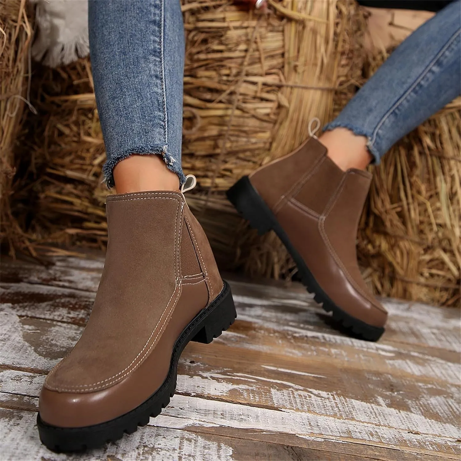 Fall Boots Womens Ankle Boot w/Lug Sole Elastic Chelsea Slip on Chunky Block Heel Round Toe Outdoor Walking Booties