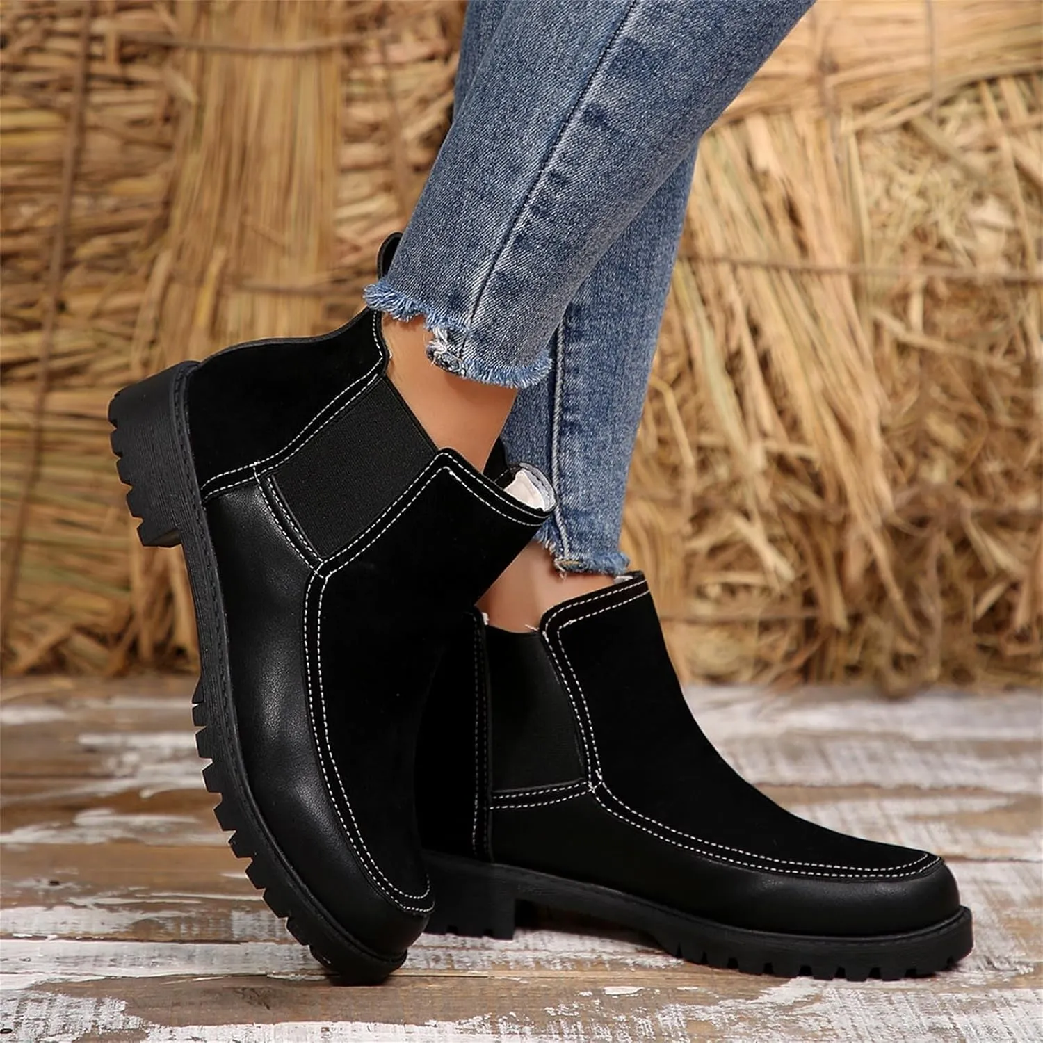 Fall Boots Womens Ankle Boot w/Lug Sole Elastic Chelsea Slip on Chunky Block Heel Round Toe Outdoor Walking Booties